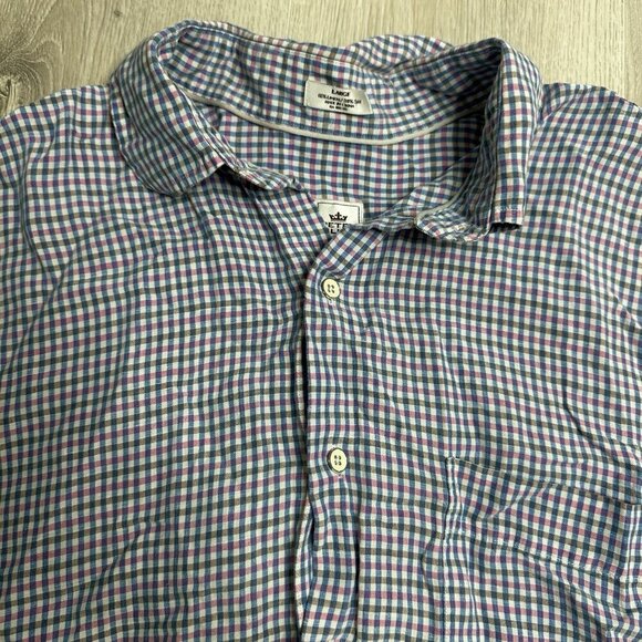 Peter Millar Mens Blue Pink Plaid Silk Linen Short Sleeve Button Up Shirt Sz L - Picture 4 of 10